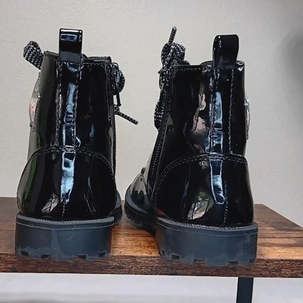 Joie Patent Combat Boots Kids 10 Black Good Glitter Star Lug Sole Side Zip